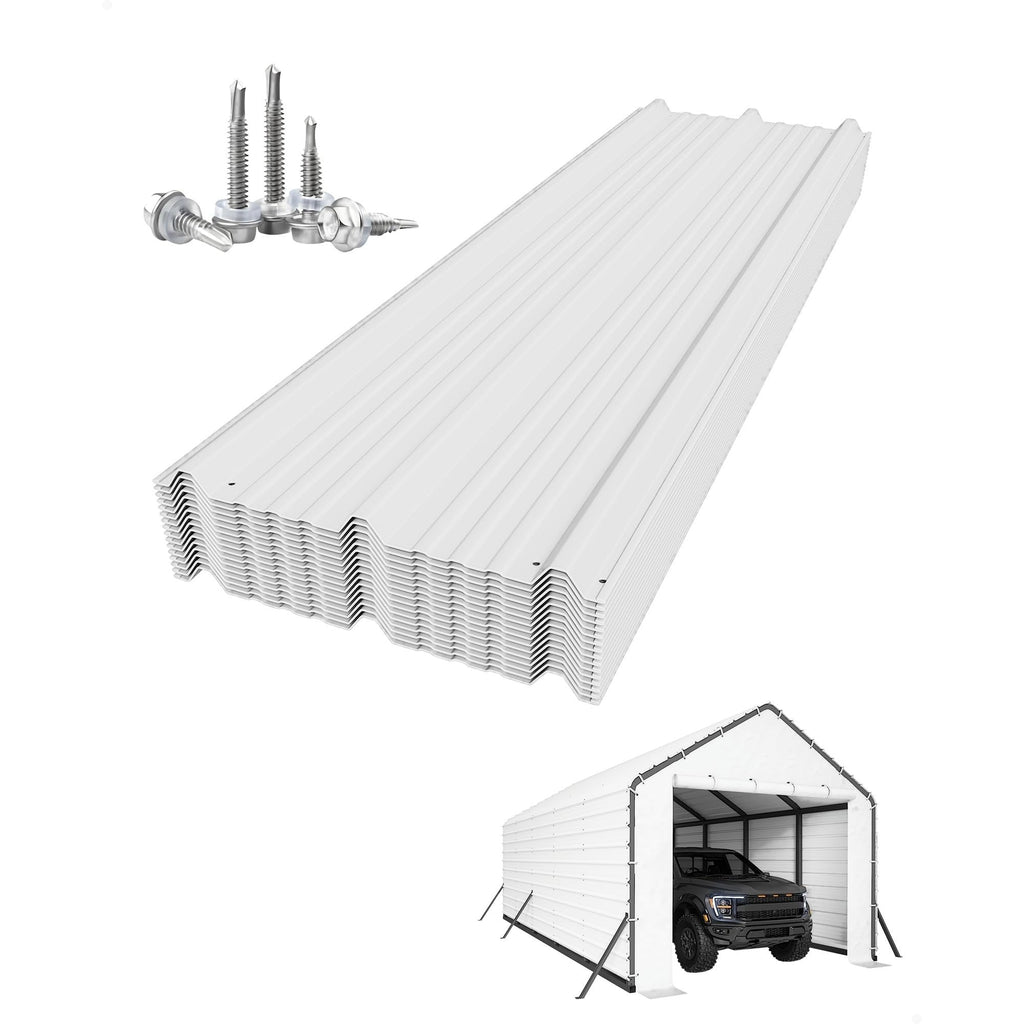 Garvee Galvanized Steel Roofing Panels, 16-Piece 27-Gauge Ribbed Sheets, 64.17 x 19.68-Inch White Replacement Kit for Metal Carports