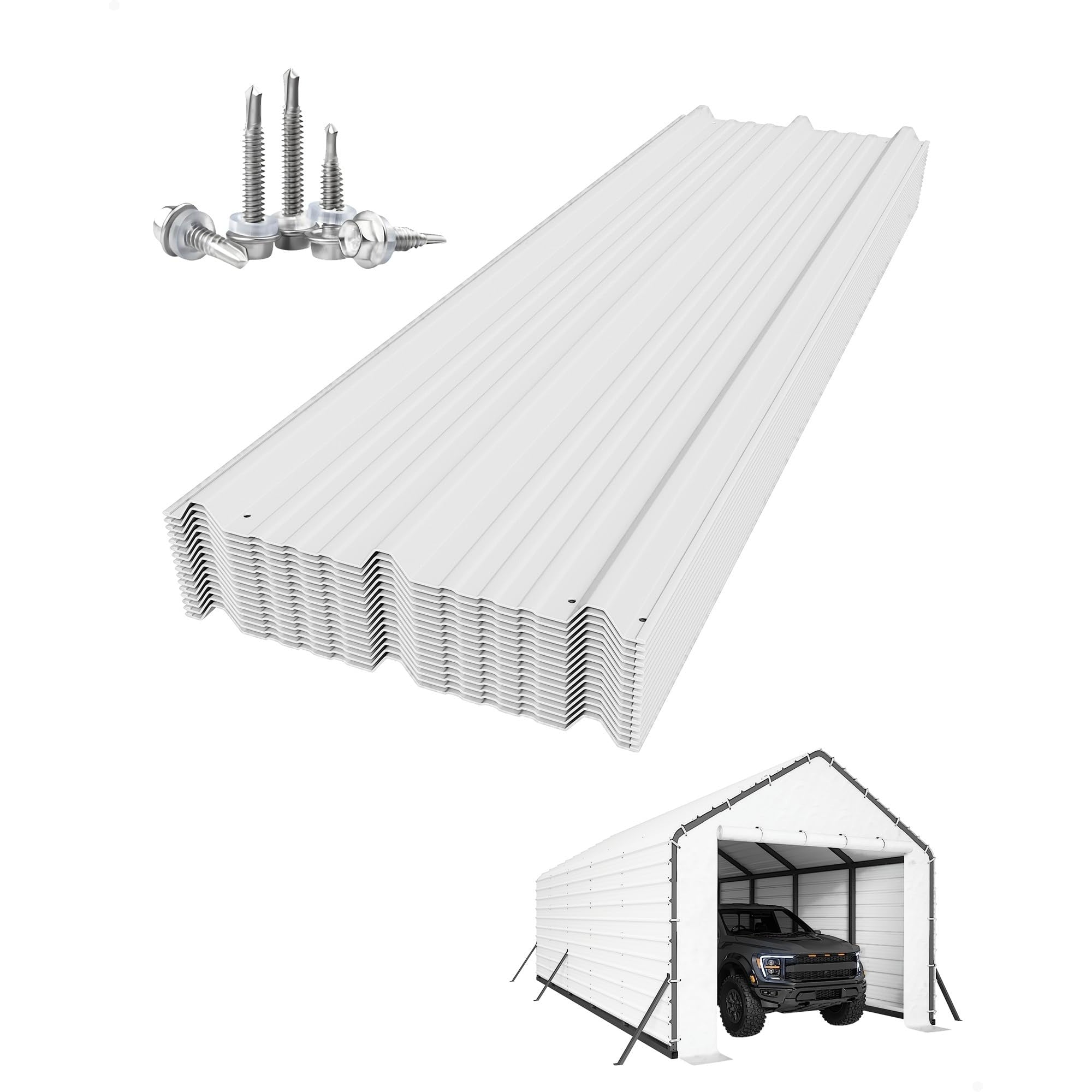 Garvee Galvanized Steel Roofing Panels, 16-Piece 27-Gauge Ribbed Sheets, 64.17 x 19.68-Inch White Replacement Kit for Metal Carports