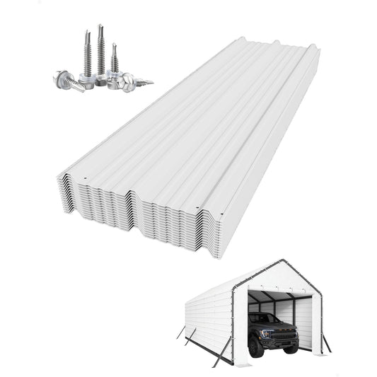 Garvee Galvanized Steel Roofing Panels, 16-Piece 27-Gauge Ribbed Sheets, 64.17 x 19.68-Inch White Replacement Kit for Metal Carports
