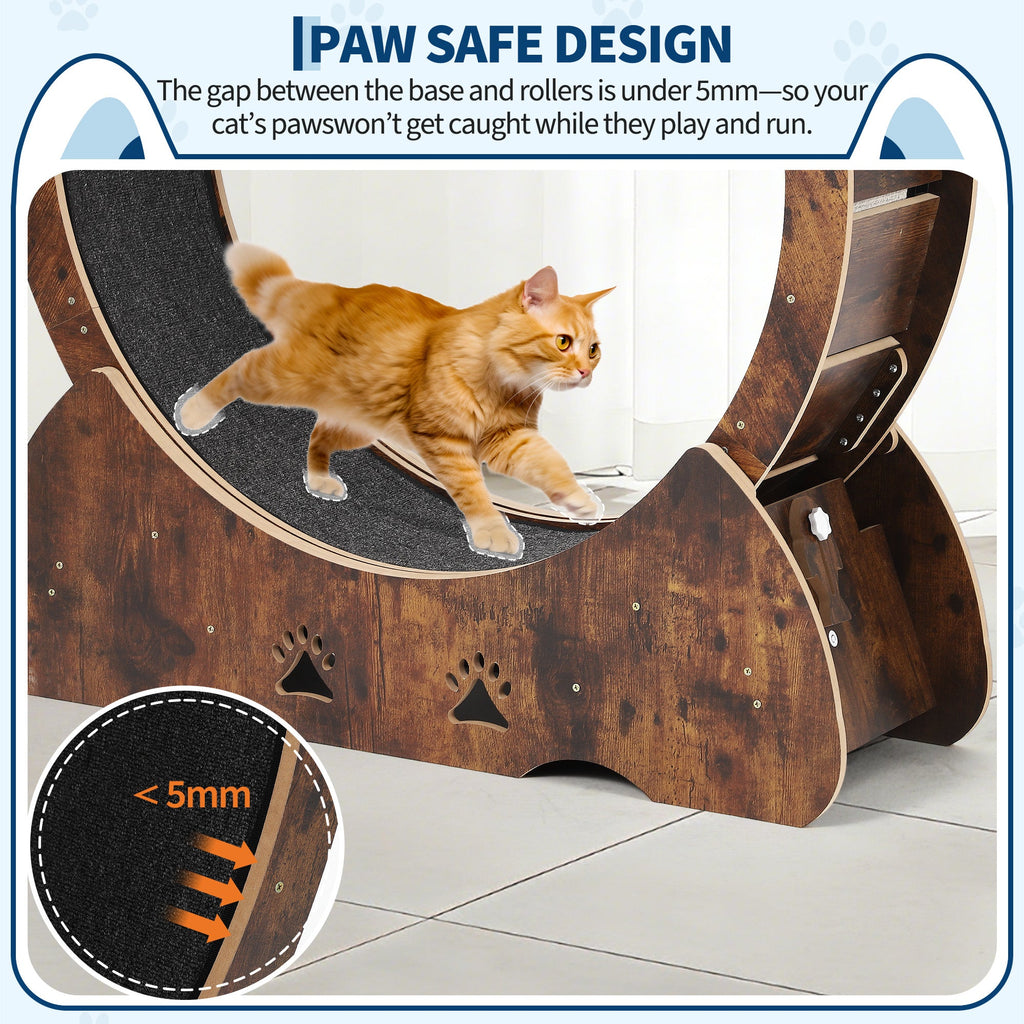 Garvee Low Noise Cat Exercise Wheel – Indoor Wooden Running Treadmill with Removable Carpet Catwalk, Promotes Healthy Activity & Entertainment, Plume Teaser Toy Included – Rust Brown