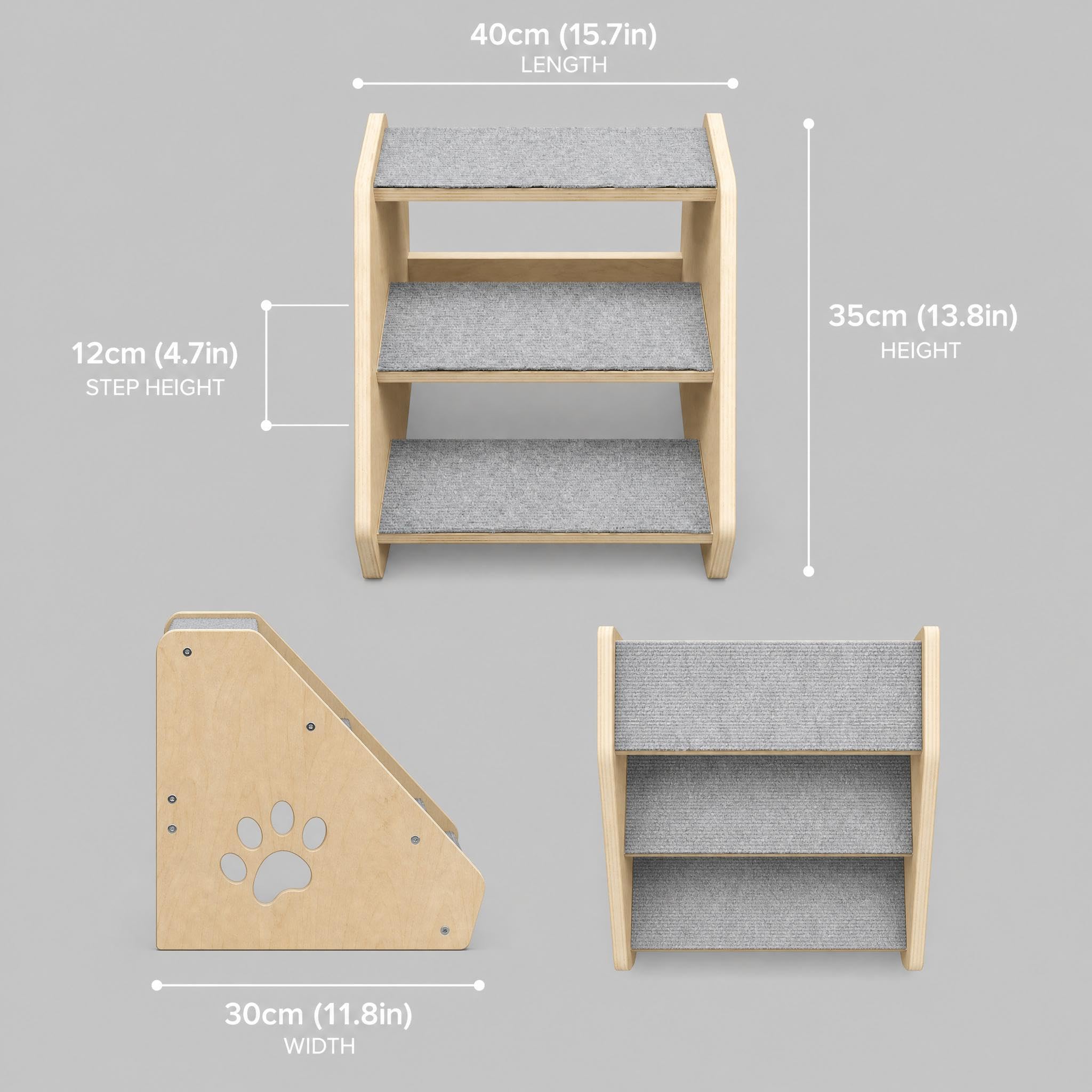 Garvee Wooden 3 Step Pet Stairs for Small Dogs and Cats with Non Slip Steps, Soft Fabric Cover, Low Profile for Bed Couch Car, for Puppies Kittens and Older Cats, Gray