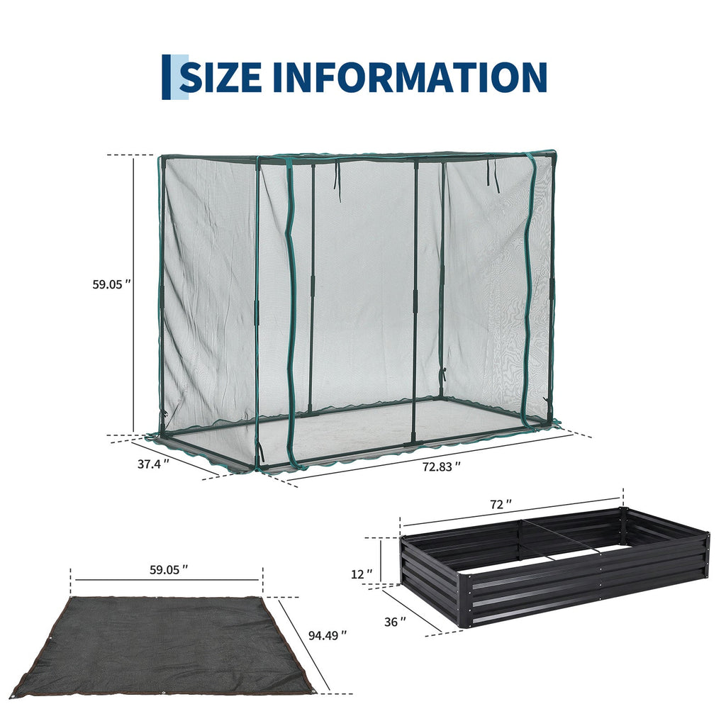 Garvee Black Galvanized Raised Garden Bed 6 ft × 3 ft × 1 ft, Metal Planter Box with Crop Cage, 60% Shade Cloth Roof & Zippered Doors for Vegetables