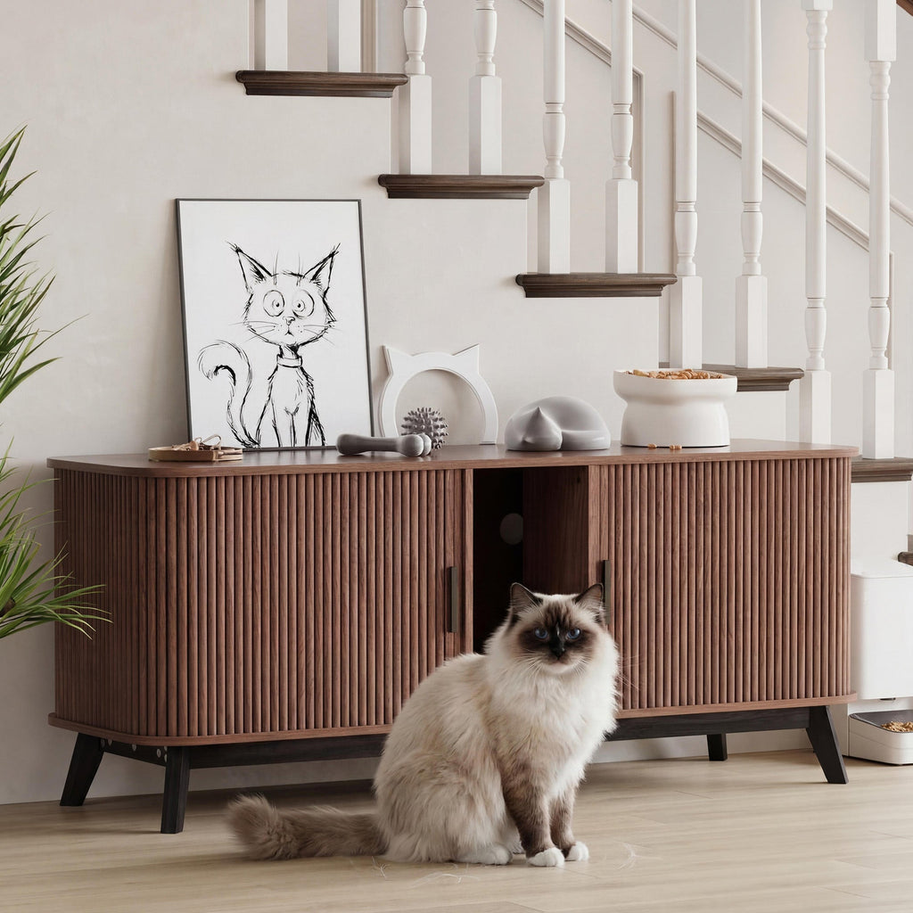 Garvee Multi-Functional Cat Litter Box Enclosure for 2 Cats, 59" Large Wooden Pet House - Hidden Litter Box Furniture - Sliding Door Access - Cat Litter Mat Included - TV Stand Side Table - Color: Walnut