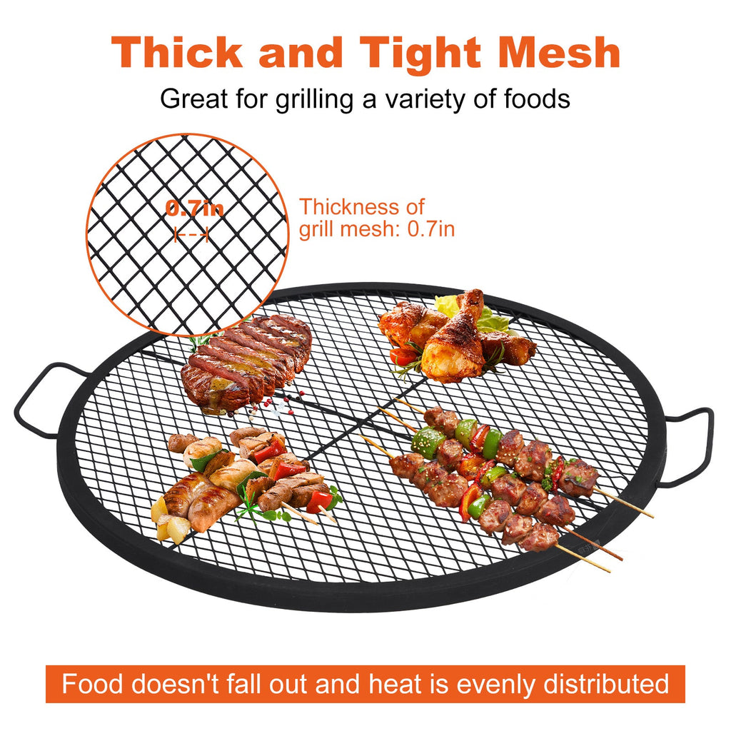 Garvee 30.5-inch Round Fire Pit Grate, 44lbs Load Capacity Heavy Duty Carbon Steel Grill Grate with Handles, 1112°F Heat Resistant Cooking Mesh for Outdoor Camping, Black
