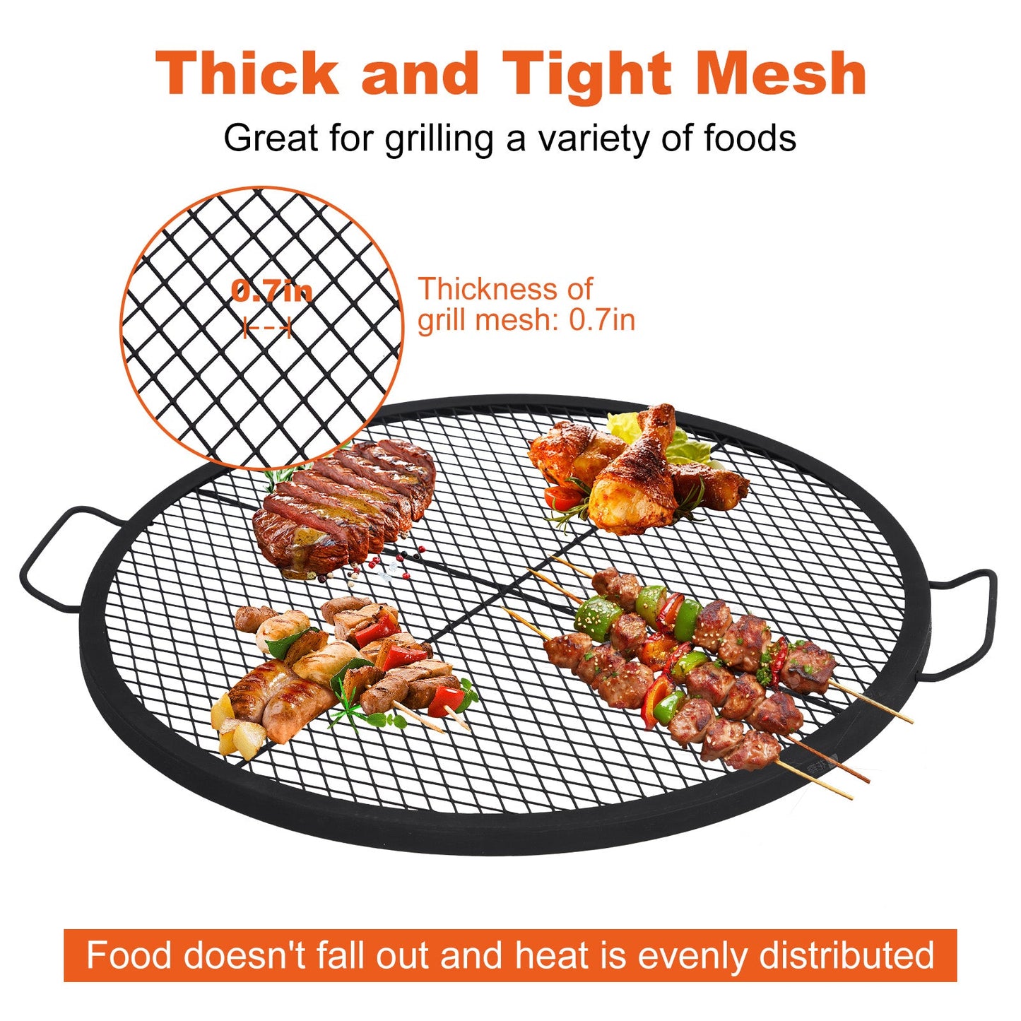 Garvee 30.5-inch Round Fire Pit Grate, 44lbs Load Capacity Heavy Duty Carbon Steel Grill Grate with Handles, 1112°F Heat Resistant Cooking Mesh for Outdoor Camping, Black