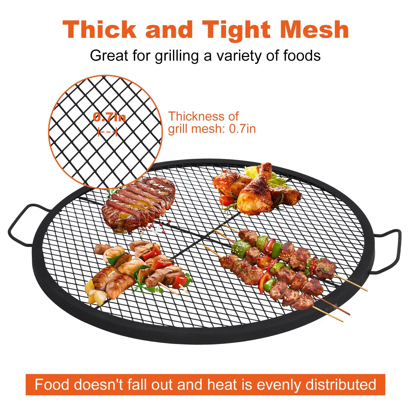 Garvee 30.5-inch Round Fire Pit Grate, 44lbs Load Capacity Heavy Duty Carbon Steel Grill Grate with Handles, 1112°F Heat Resistant Cooking Mesh for Outdoor Camping, Black