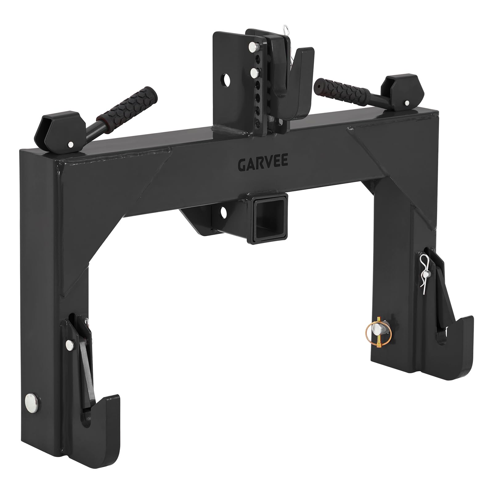 Garvee Heavy-Duty Category 1 3-Point Quick Hitch for Tractor, 3000 lbs Lift Capacity with Built-In 2" Receiver, 5-Level Bolt-On Adjustable Top Hook Tractor Attachment, No Bushing Required, Matte Black Finish (24" x 24")