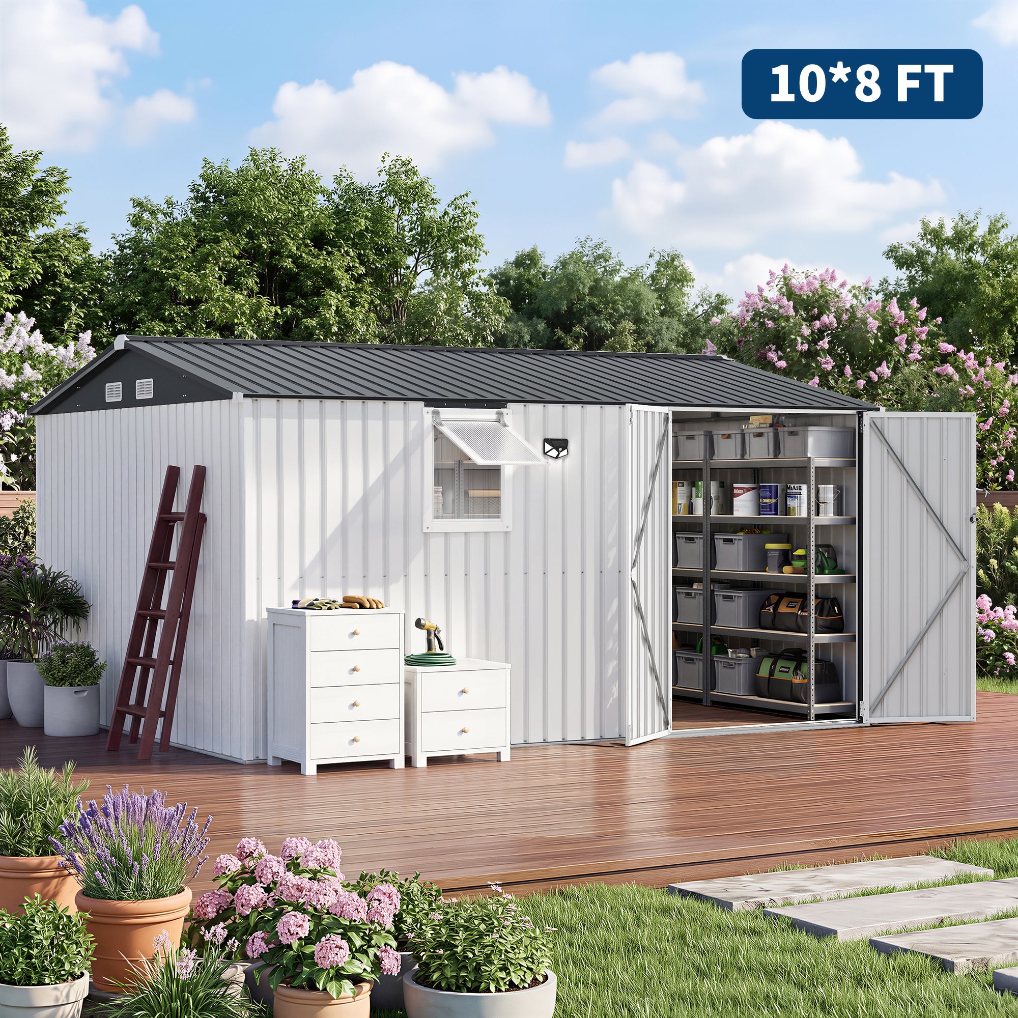 Garvee Outdoor Storage Shed, Metal Storage Cabinet with Lockable Doors & Windows, Heavy-Duty Backyard Storage Unit for Patio, Lawn & Garden