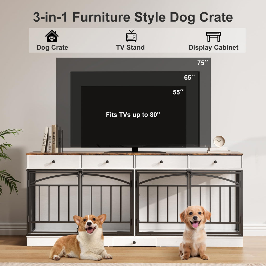 Garvee 78.7" Double Dog Crate Furniture with Storage and 4 Doors, Dog Kennel Indoor with Feeding Bowls, Wood Dog Crate TV Stand for Small Medium Dogs, White&Brown Top