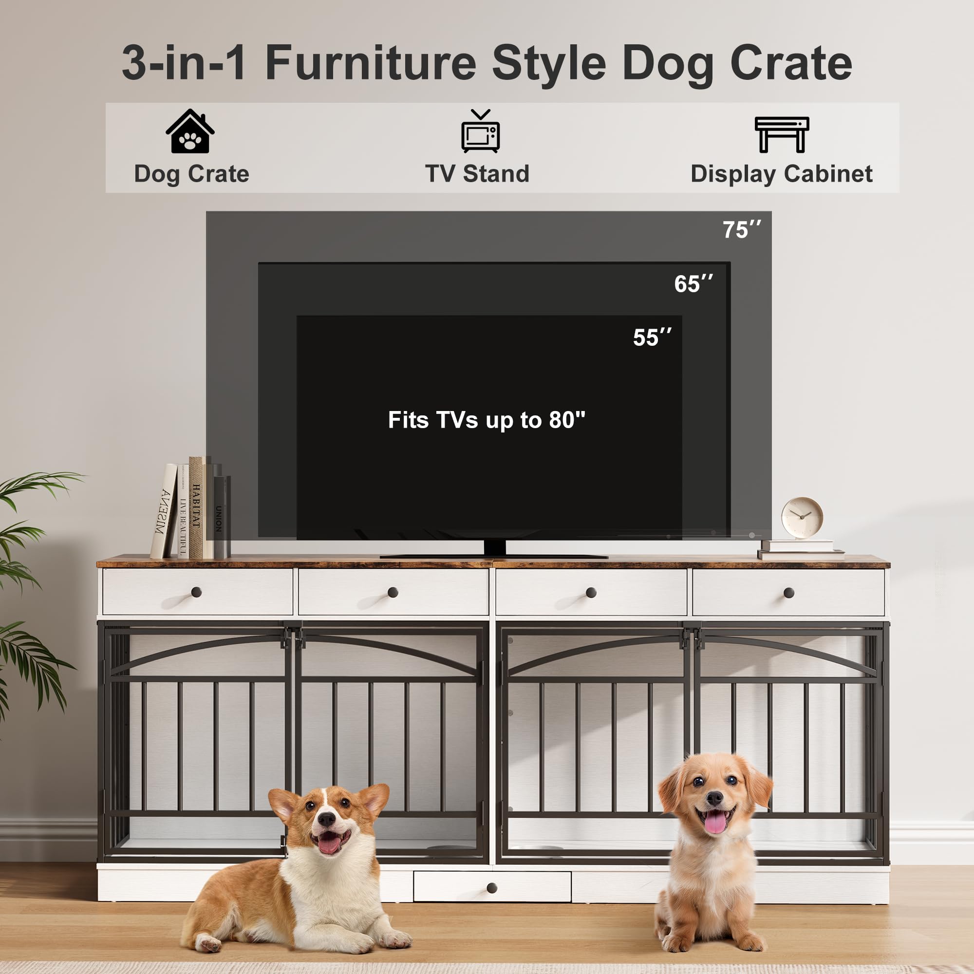 Garvee 78.7" Double Dog Crate Furniture with Storage and 4 Doors, Dog Kennel Indoor with Feeding Bowls, Wood Dog Crate TV Stand for Small Medium Dogs, White&Brown Top