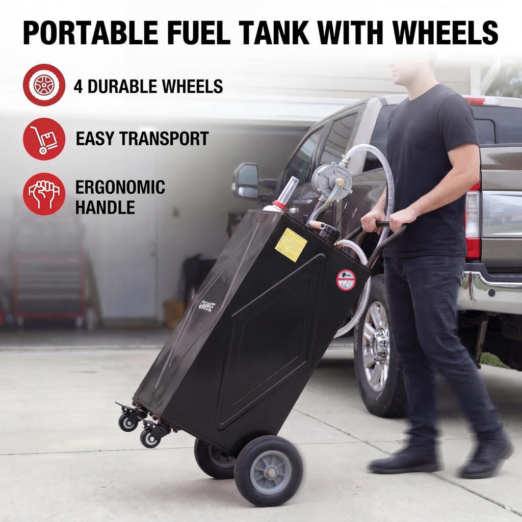 Garvee 30 Gallon Heavy Duty Steel Fuel Caddy – Manual Rotary Pump Gasoline & Fuel Injector Transfer Tank – Reinforced 4-Wheel Mobile Design – For Trucks, Boats, ATVs, Lawn Mowers, Farm, Construction Equipment – Black – Li Junjie