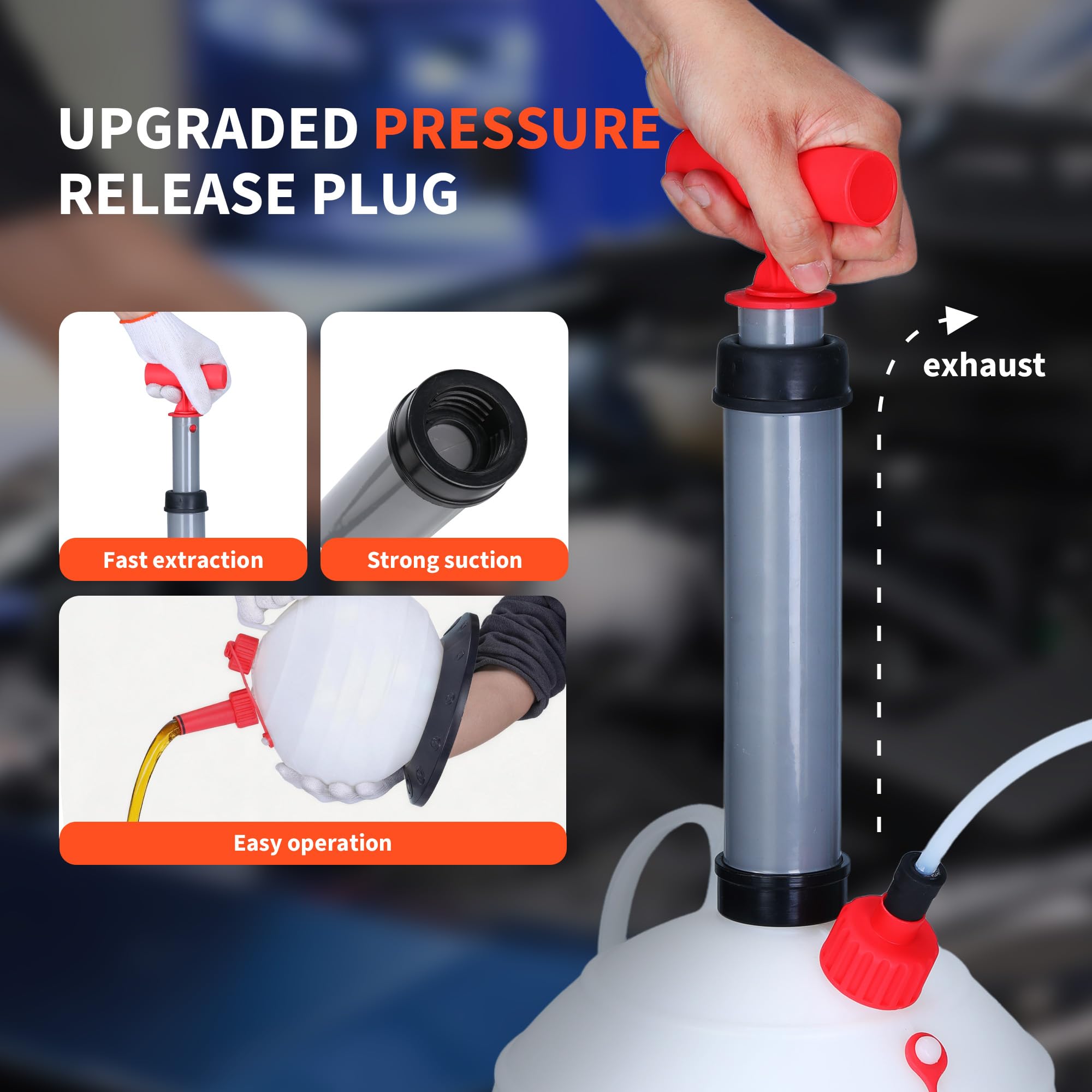 Garvee 6L Manual Oil Extractor Pump, Convenient Fluid Transfer Tool with 3.2FT Main Hose and 3 Replacement Tubes (3.8mm/6.1mm/9.8mm) for Cars and Lawn Mowers, Auto Fuel Supply Accessory