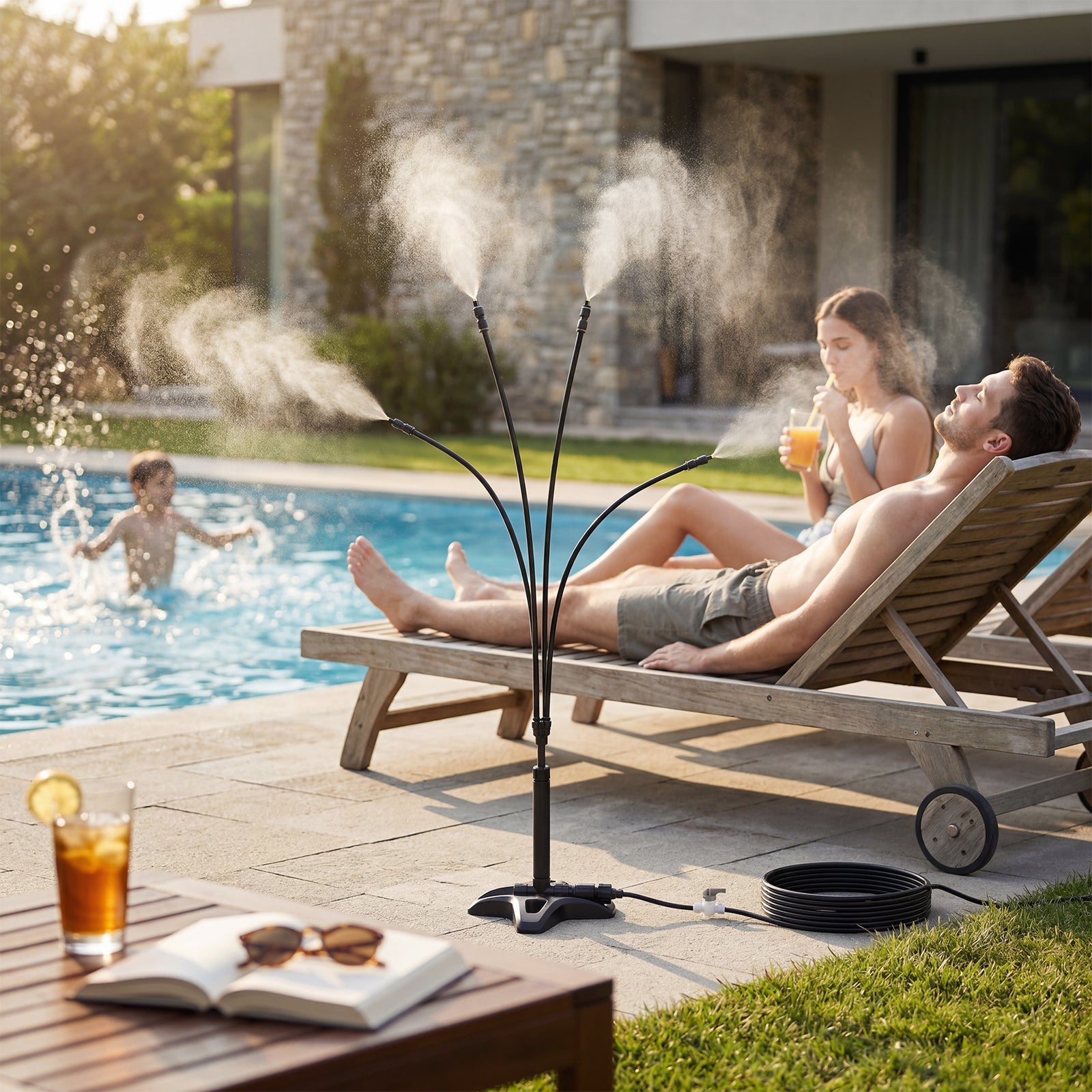 Garvee Outdoor Misting System, 32.8 FT Hose with 4 Adjustable Mist Heads, 5 Connectors and Built-In Switch for Patio, Lawn and Poolside, Black