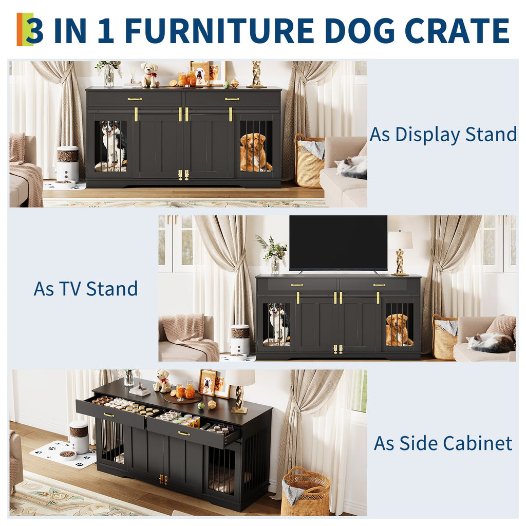 Garvee 71" Extra Large Dog Crate Furniture, Heavy Duty Wood  Double Kennel Furniture with Removable Divider, 2 Lockable Doors & 2 Drawers, Indoor Pet Crate End Table TV Stand for Living Room