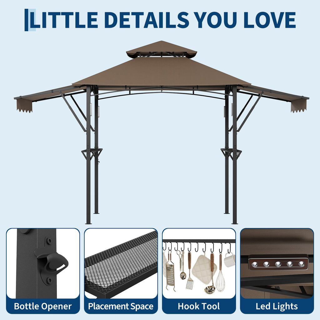 Garvee 8' × 5' Grill Gazebo with Dual Adjustable Awnings, 2-Tier Ventilated Canopy, Steel Frame, 2 Shelves & 7 Hooks, Brown