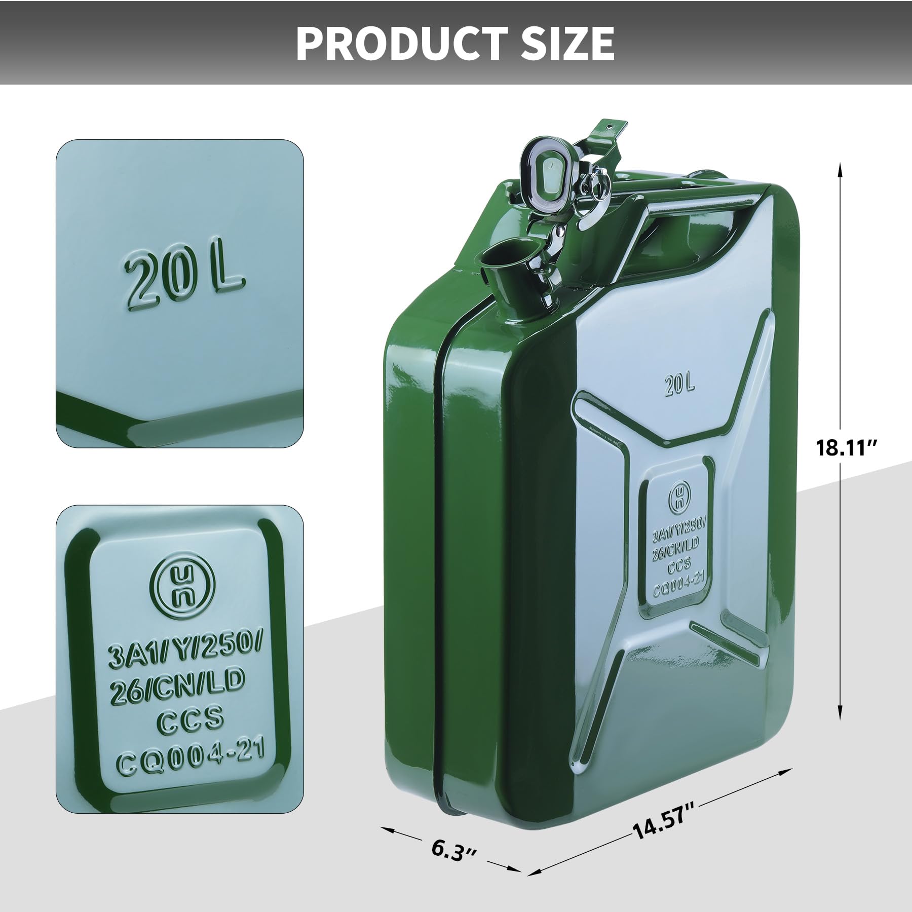 Garvee Metal Gas Can - 20L (5.3 Gallon) Jerry Can Style, Leak-Proof, Heavy-Duty Cold-Rolled Steel, Rust-Proof and Portable for Vehicles, Farms, and Overlanding, Green