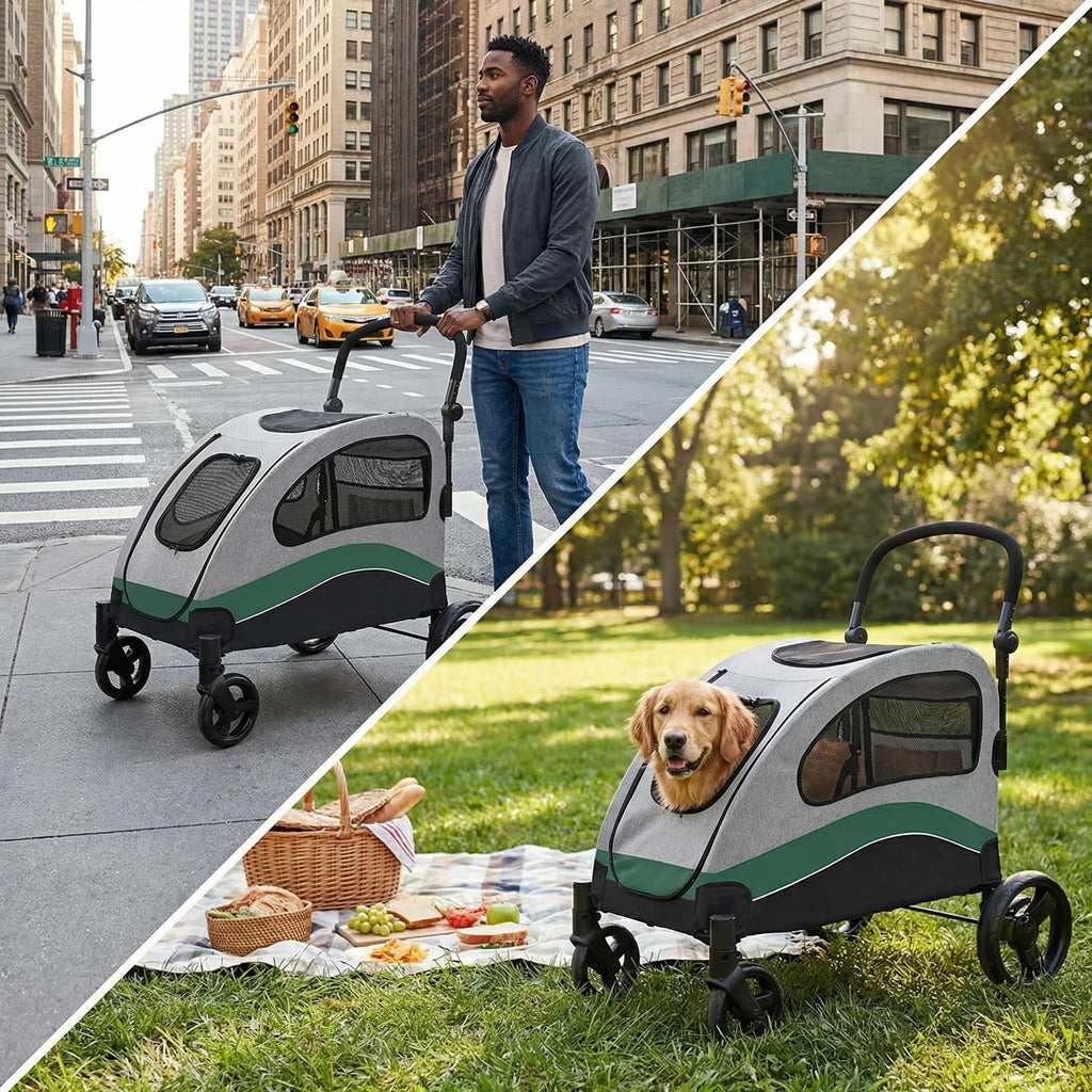 Garvee Foldable Dog Stroller, Large Dog Carrier with 360° Wheels, Adjustable Handle & Storage Pocket, Portable Puppy Travel Strollers, Pet Wagon for Large Dogs, 135 Lbs Capacity, Green
