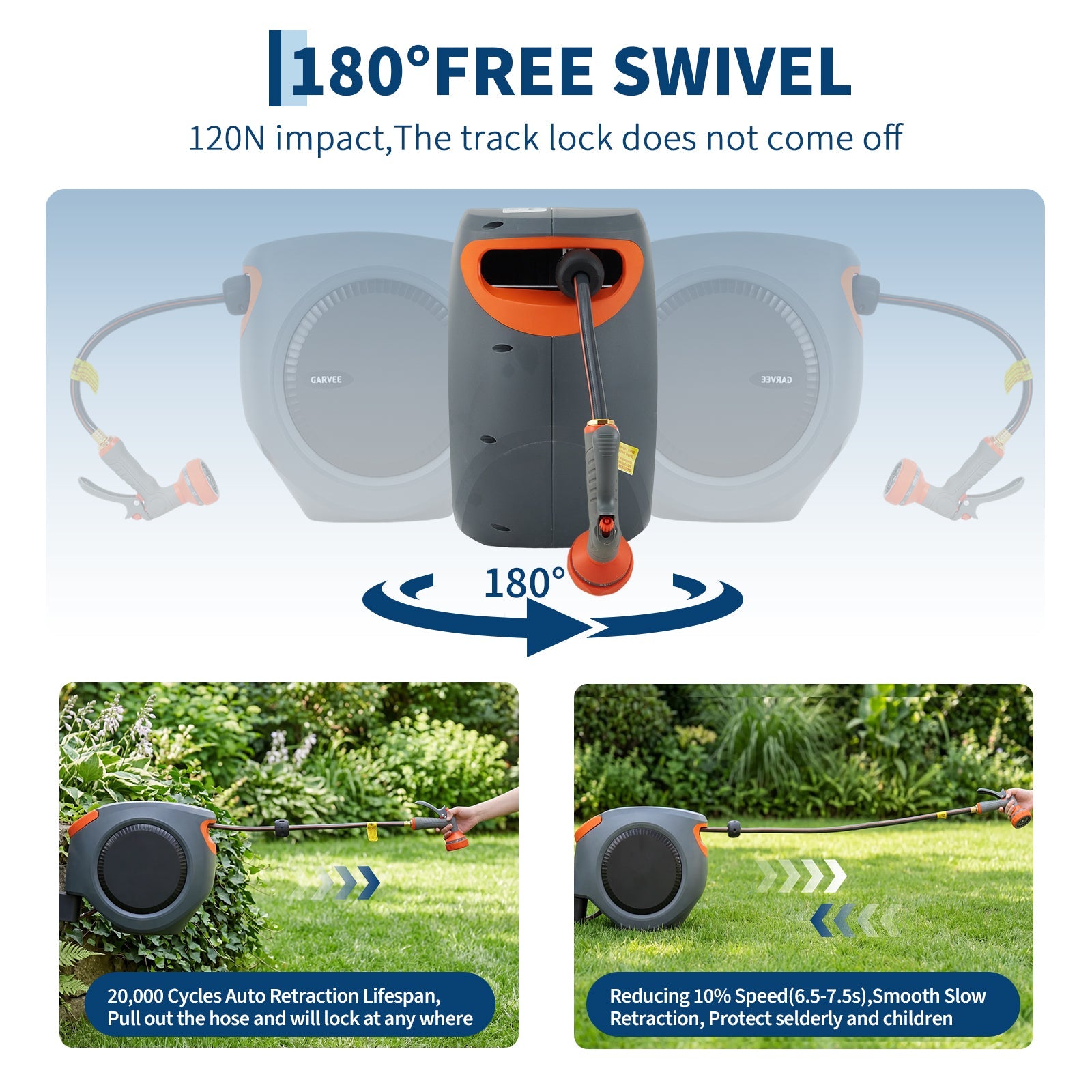 Garvee Retractable Garden Hose Reel, 5/8 in x 100 ft Wall Mount Water Hose Reel with 9-Pattern Nozzle, Any-Length Lock & Auto Rewind, Gray