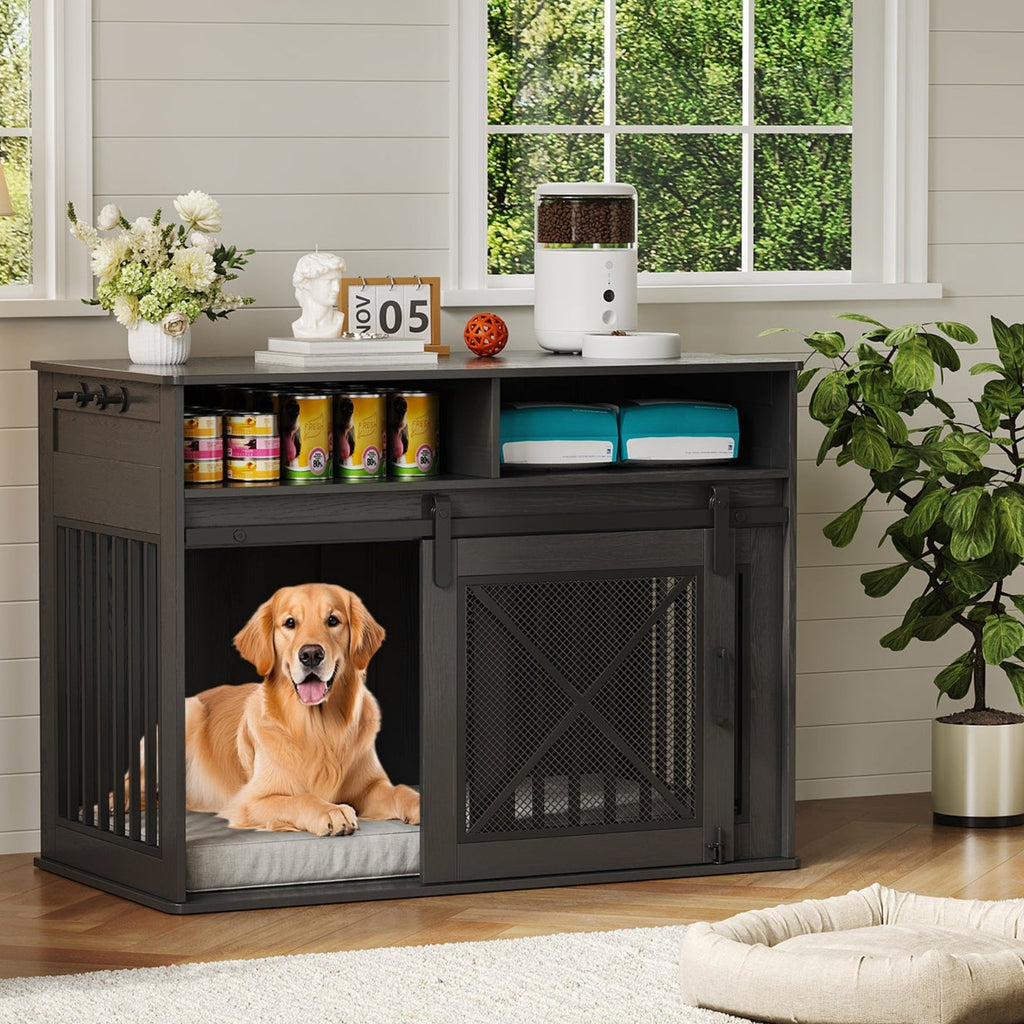 Garvee 44.5 Inch Large Dog Crate Furniture with 2 Storage Self, Wooden Dog Kennel Furniture As End Table, Decorative Pet Cage Dog House Indoor for Medium/Large Dogs, Chew-Proof, Black