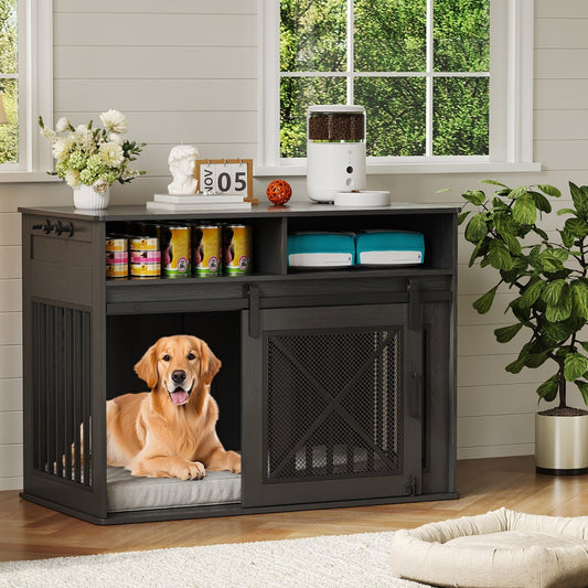 Garvee 44.5 Inch Large Dog Crate Furniture with 2 Storage Self, Wooden Dog Kennel Furniture As End Table, Decorative Pet Cage Dog House Indoor for Medium/Large Dogs, Chew-Proof, Black
