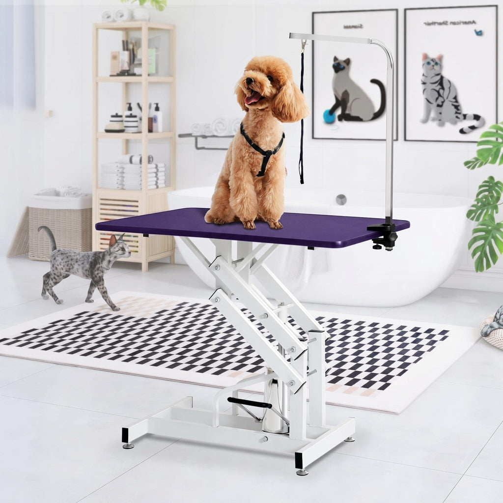 Garvee 42.5" Hydraulic Dog Grooming Table for Pet, Heavy Duty Z-Lift Hydraulic Max Load 350Lbs Professional Pet Grooming Table for Dogs with Adjustable Arm Noose Non-Slip Rubber Surface, Purple