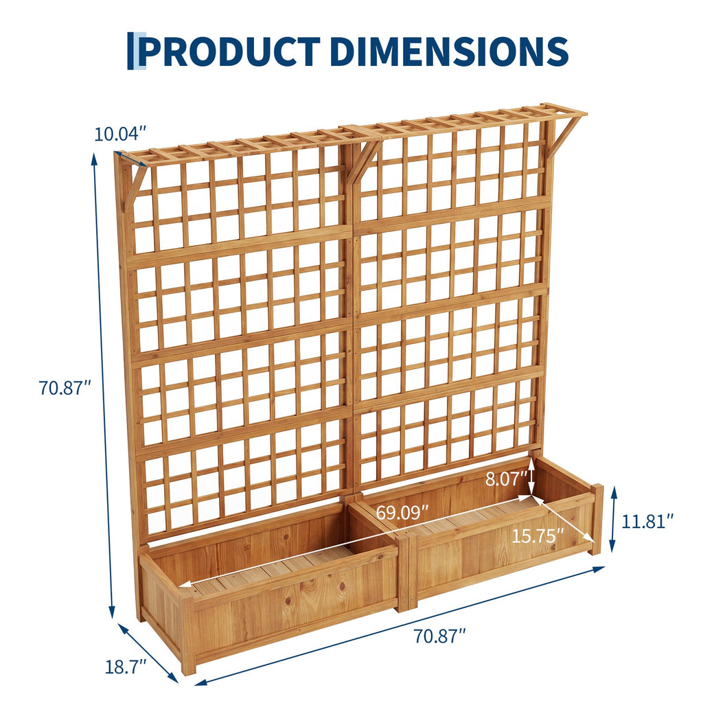 Garvee 71" Raised Garden Bed with Trellis, Fir Wood Planter Box with Hanging Roof & Drainage for Climbing Vines