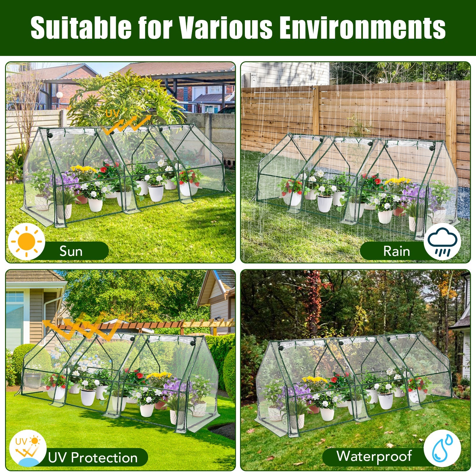 Garvee Mini Greenhouse 96" x 36" x 36", 0.09 mm Clear PVC Cover, Powder-Coated Steel Frame, Roll-Up Zipper Door for Outdoor Garden Plants