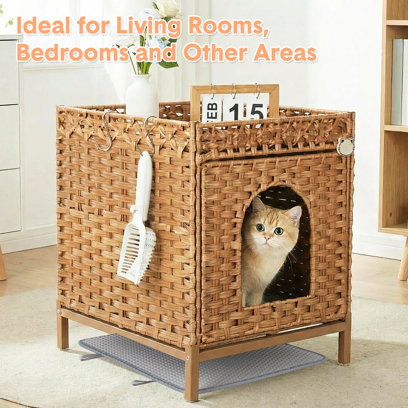 Garvee Cat Litter Box Enclosure Hidden Litter Box Furniture with Metal Heightened Feet, Rattan Handwoven Cat House with Litter Mat, Hidden Litter Box Furniture for Bedroom Living Room, Natural
