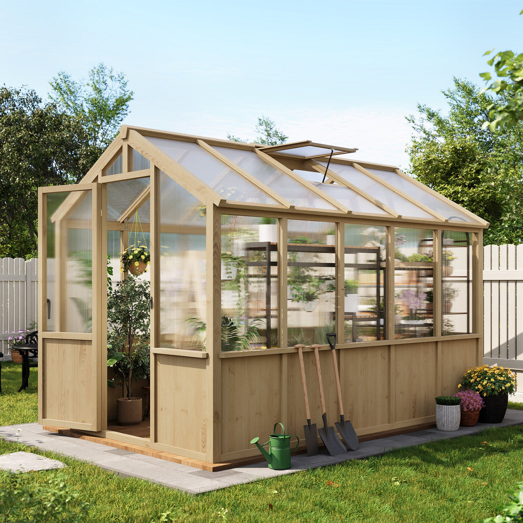 Garvee Walk-In Wooden Greenhouse for Outdoors – Heavy Duty Spruce Frame, PC Panels, Adjustable Roof Vent, Lockable Door – Garden Outdoor Storage for Backyard, Patio, Lawn – 6x10 Natural Wood Color