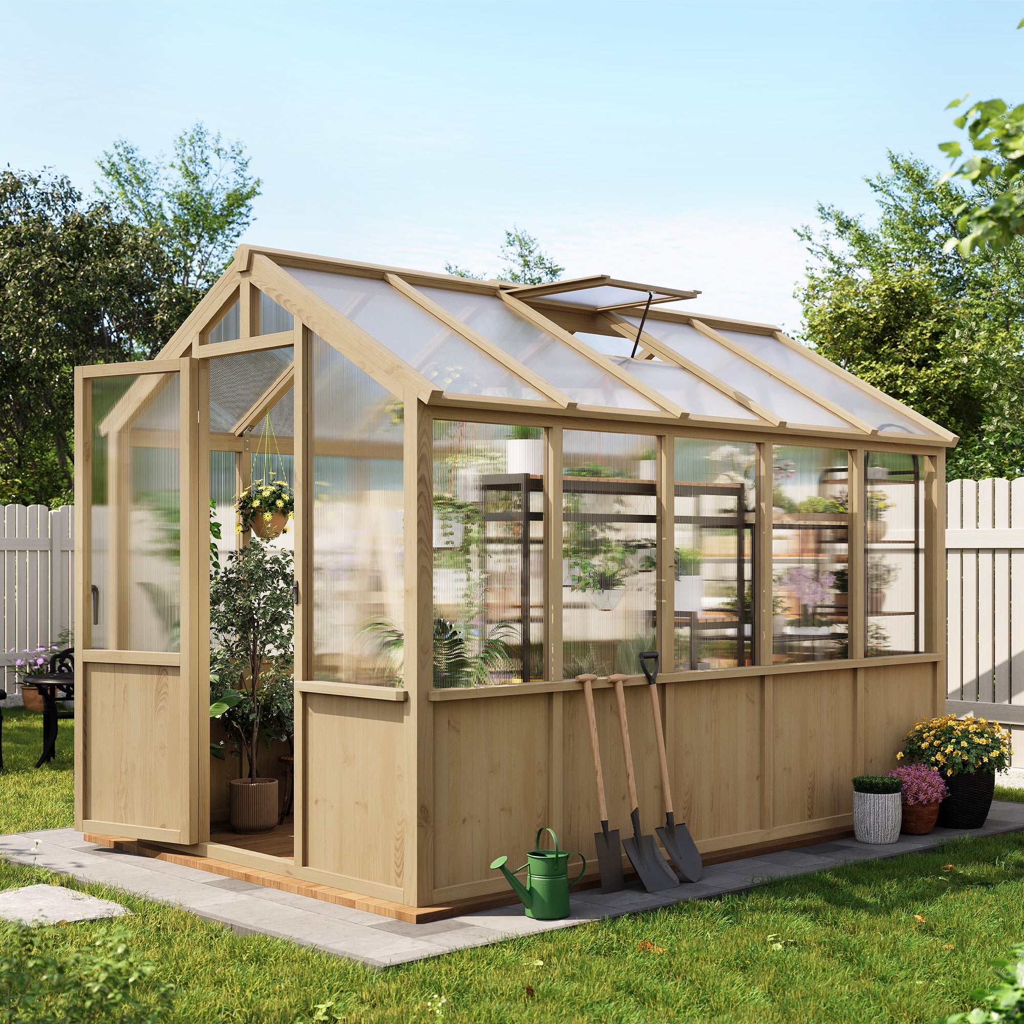 Garvee Walk-In Wooden Greenhouse for Outdoors – Heavy Duty Spruce Frame, PC Panels, Adjustable Roof Vent, Lockable Door – Garden Outdoor Storage for Backyard, Patio, Lawn – 6x10 Natural Wood Color