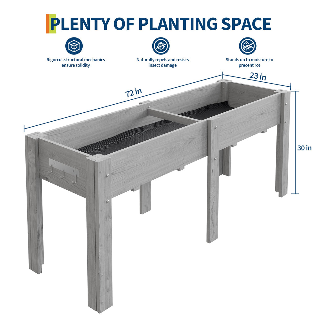 Garvee 72" x 23" x 30" Gray Raised Garden Bed with Legs, Solid Fir Wood Elevated Outdoor Planter Box with Non-Woven Liner & Hooks for Vegetables, Herbs, Flowers, Patio, Balcony & Backyard