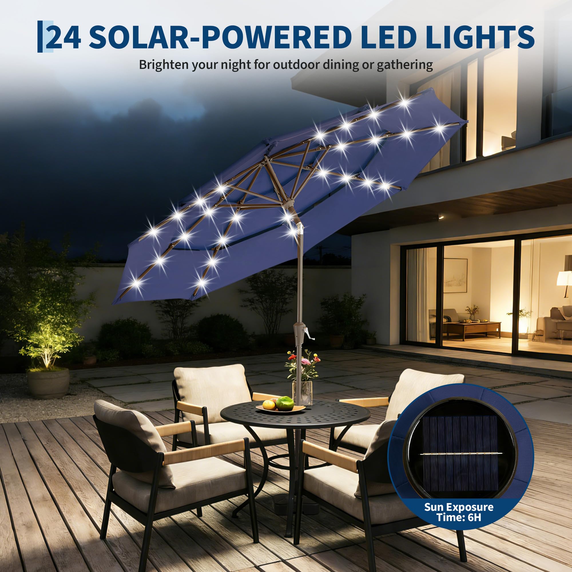 Garvee 10 FT Solar Patio Umbrella, 3-Tier Vented Canopy with 24 LED Lights, 8-Rib Steel Frame, Crank Tilt Outdoor Umbrella for Backyard, Pool & Deck, Blue
