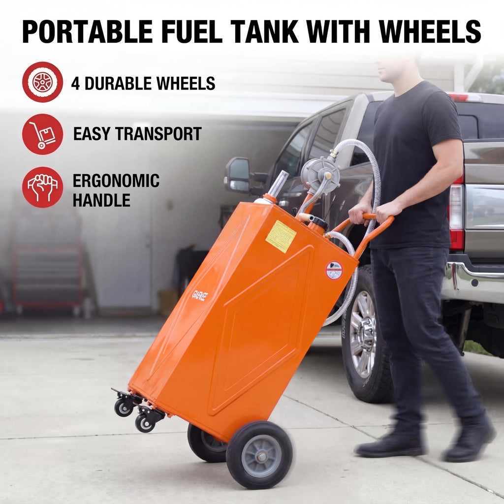 Garvee 30 Gallon Fuel Caddy with Manual Pump, Portable Fuel Transfer Tank on Wheels, Heavy Duty Gasoline & Diesel Storage Container for Trucks, Boats, ATVs, Lawn Mowers, Farm Equipment