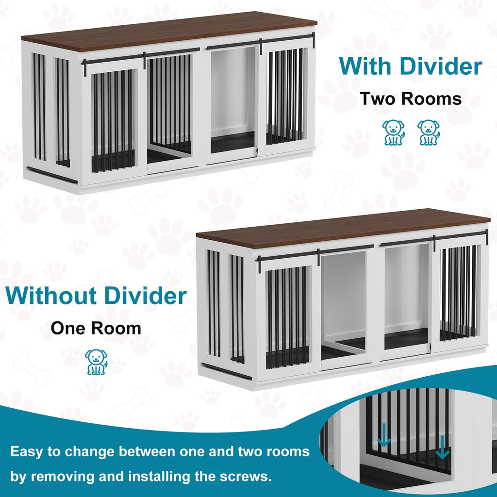 Garvee Heavy Duty Double Dog Crate Furniture for Large and Medium Breeds – Wooden Indoor Kennel with Sliding Barn Doors, Removable Divider, 2 Trays, Modern End Table Design – Color: White