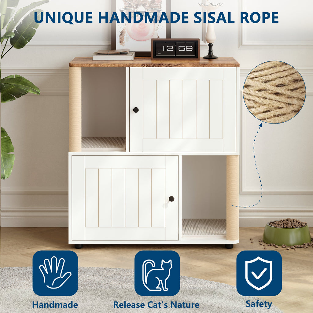 Garvee Double Cat Litter Box Enclosure Furniture for 2 Cats – 2-Tier Modern Cabinet with Hidden Litter Boxes, Sisal Marking Posts, Dual Mats, Odor Control, Dog-Proof End Table – Grooved Door White