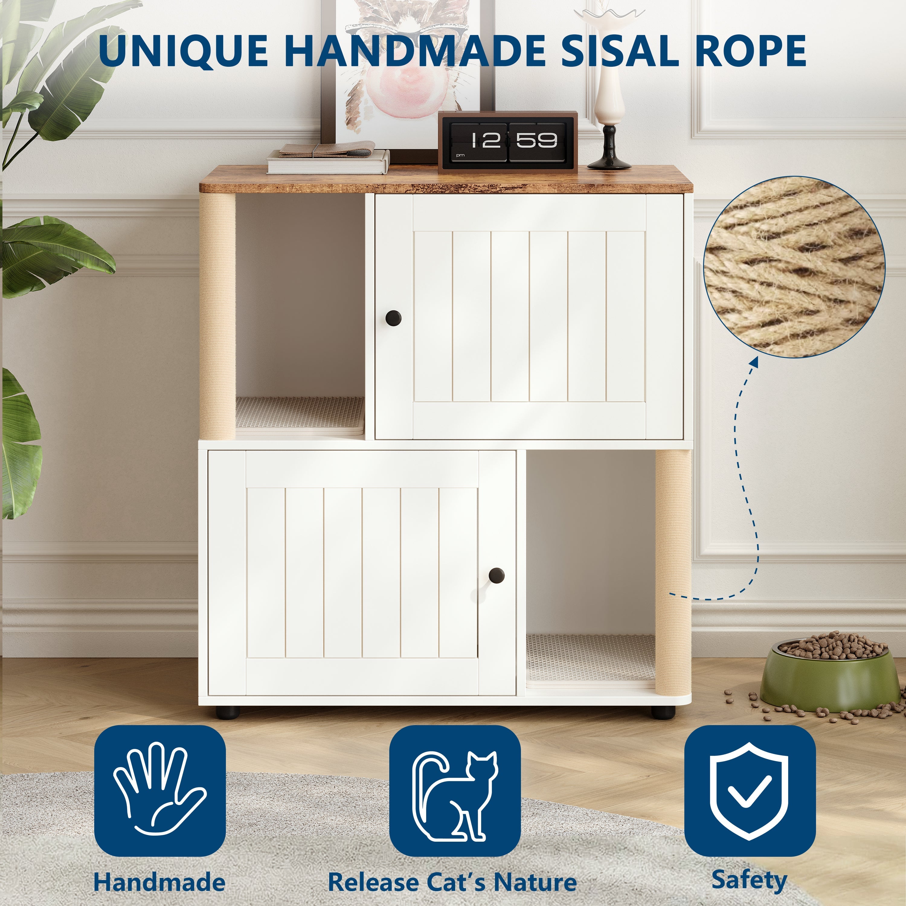 Garvee Double Cat Litter Box Enclosure Furniture for 2 Cats – 2-Tier Modern Cabinet with Hidden Litter Boxes, Sisal Marking Posts, Dual Mats, Odor Control, Dog-Proof End Table – Grooved Door White