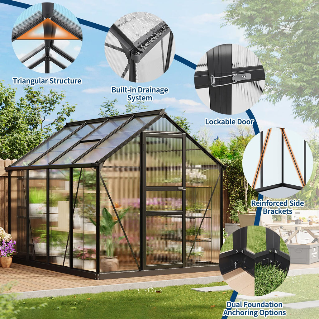 Garvee 8×6FT Aluminum Frame Greenhouse with Polycarbonate Panels, Lockable Door, Adjustable Roof Vent, Side Gutter, Backyard Garden Use