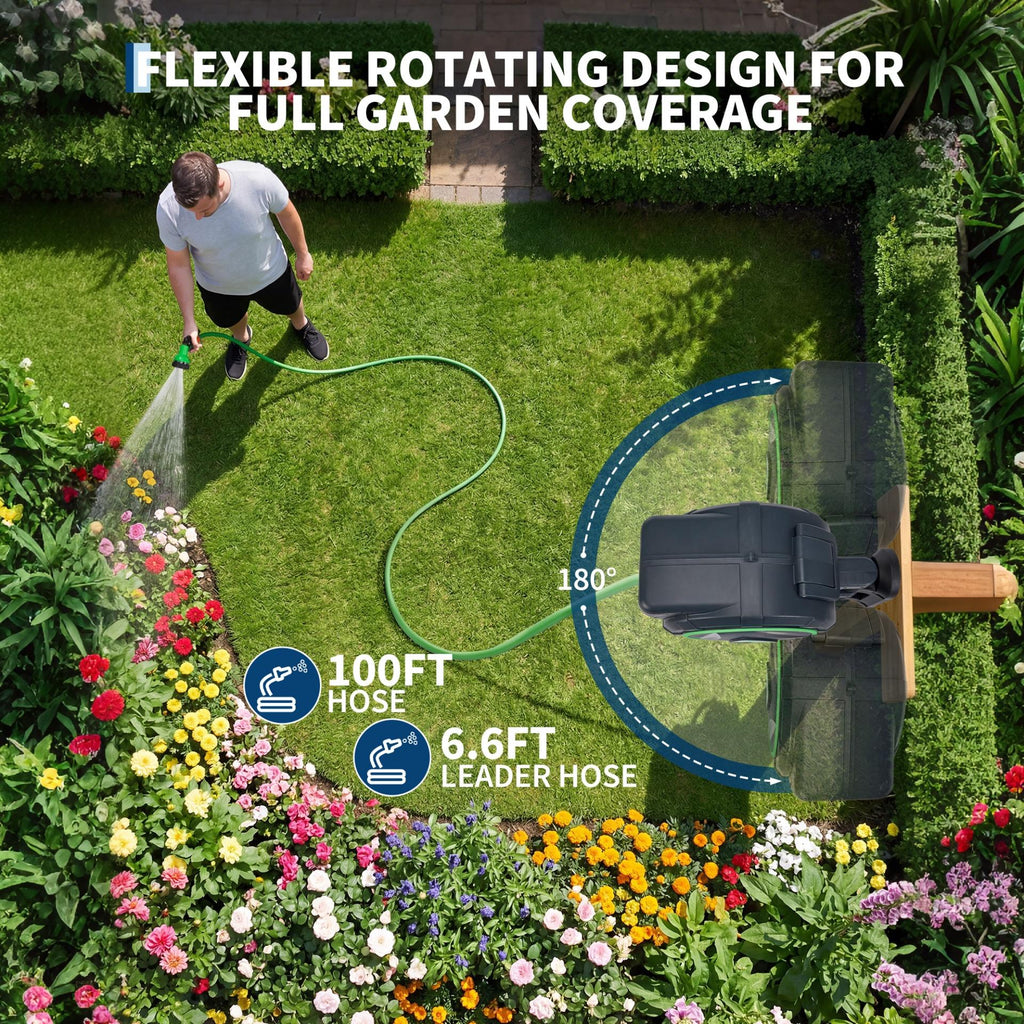 Garvee 1/2" x 100 FT Retractable Garden Hose Reel, Wall-Mounted Auto Rewind Water Hose Reel with 180° Swivel Bracket, Kink-Free Hose for Lawn, Patio & Car Washing