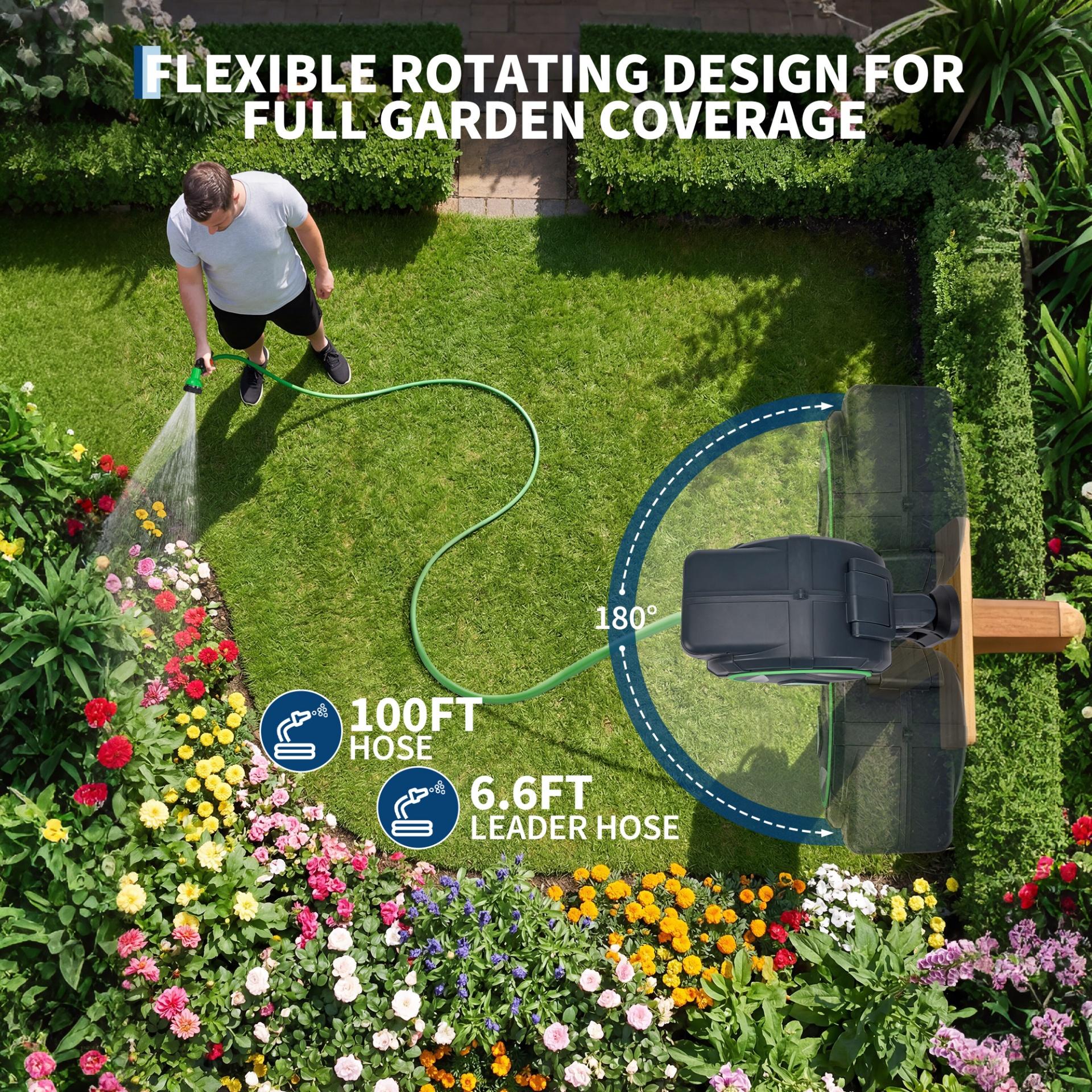 Garvee 1/2" x 100 FT Retractable Garden Hose Reel, Wall-Mounted Auto Rewind Water Hose Reel with 180° Swivel Bracket, Kink-Free Hose for Lawn, Patio & Car Washing