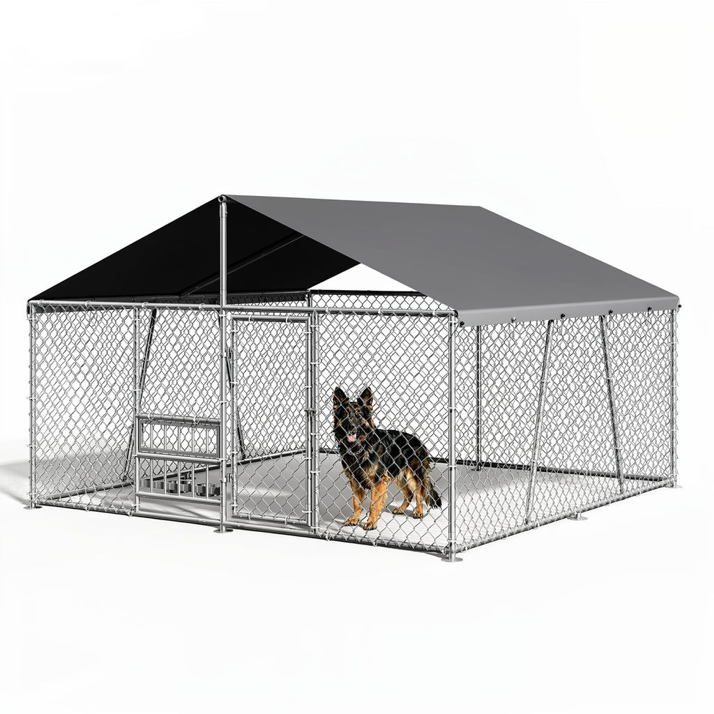 Garvee Heavy Duty Large Outdoor Dog Kennel, Galvanized Metal Wire Dog Cage with Waterproof UV-Resistant Roof, Lockable Door, 360° Rotating Feeder for Backyard Farm, 10×10×5.9 ft