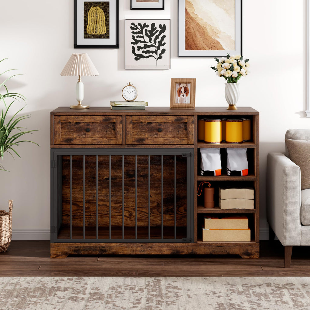 Garvee 47" Dog Crate Furniture Indoor with 2 Drawers & 4 Shelves, Large Dogs Kennel Furniture TV Stand, Wooden Dog Cage for Large Medium Dogs, Brown