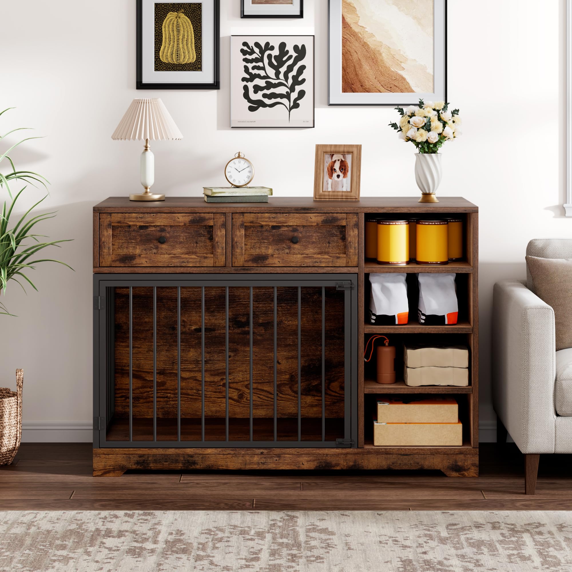 Garvee 47" Dog Crate Furniture Indoor with 2 Drawers & 4 Shelves, Large Dogs Kennel Furniture TV Stand, Wooden Dog Cage for Large Medium Dogs, Brown