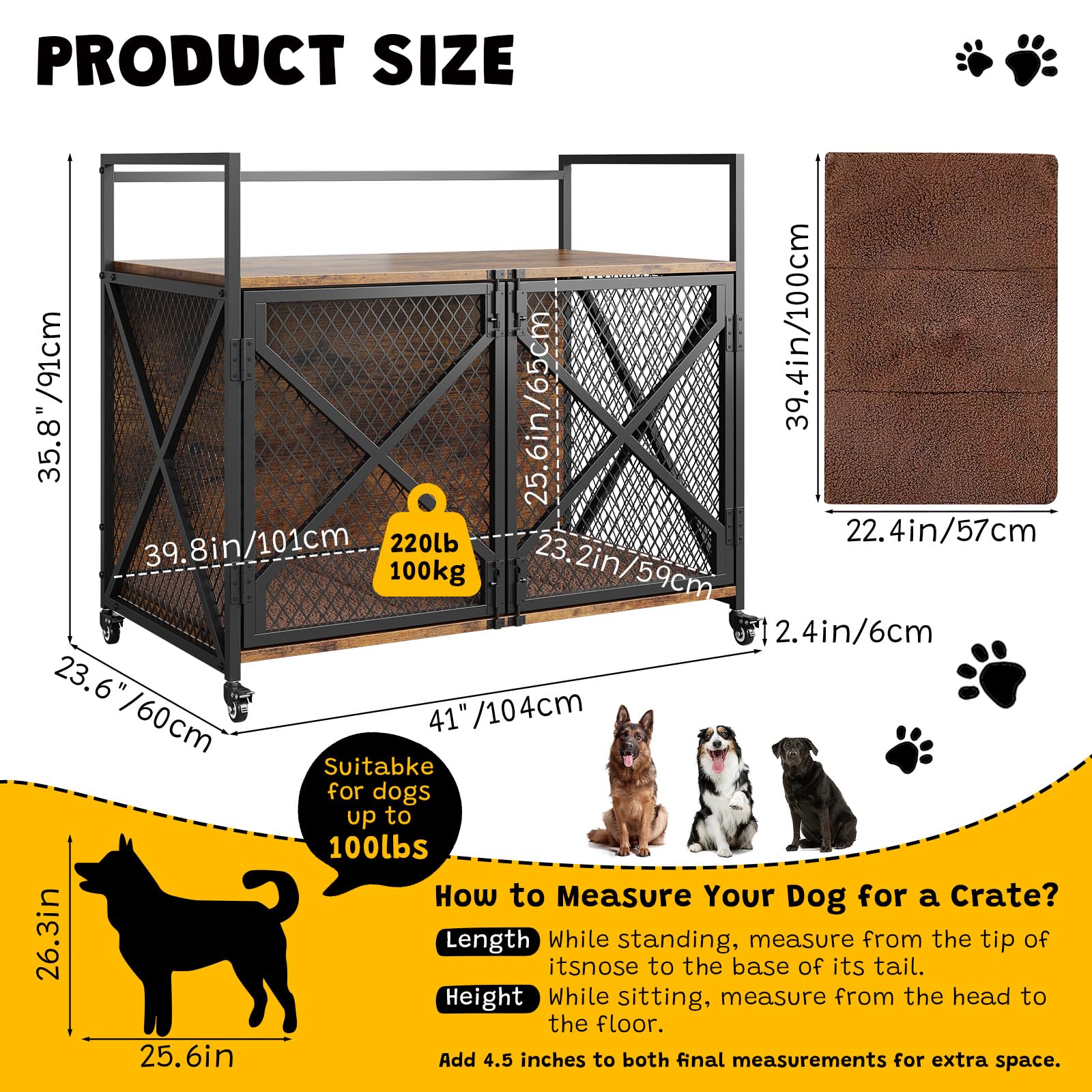 Garvee 41 Inch Dog Crate Furniture, Heavy Duty Dog Cage Furniture for Medium Dogs, Wooden Crates Indoor Kennels with Lockable 360° Wheels, Sturdy Dog Kennel Furniture Dog Crate with Divider