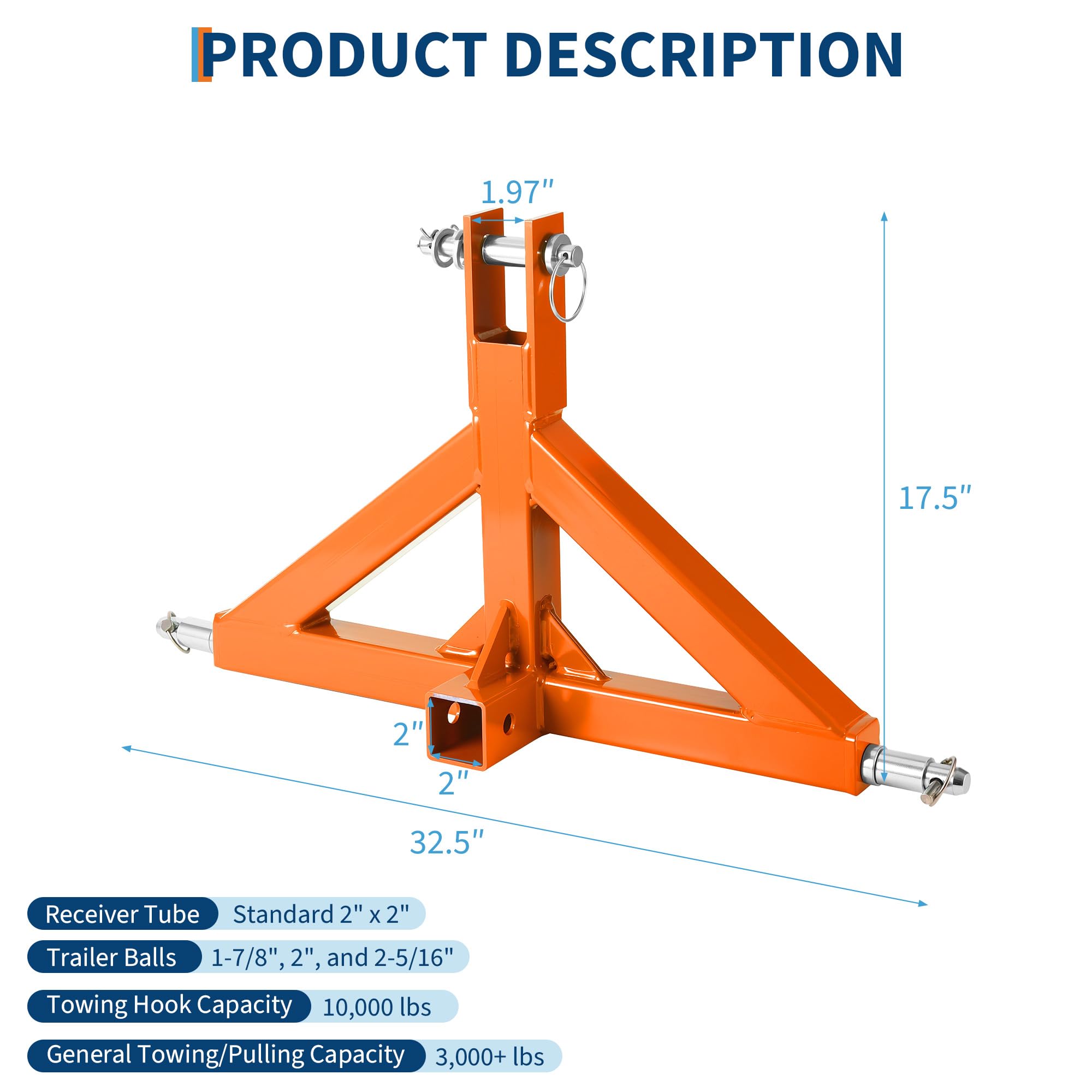Garvee 3 Point Hitch Receiver 2" with Towing Hook, 3000 lbs Capacity, Q235 Steel, Corrosion-Resistant Powder Coat, Dual-Pin Design, Category 1 Tractors, Subcompact Tractor Use
