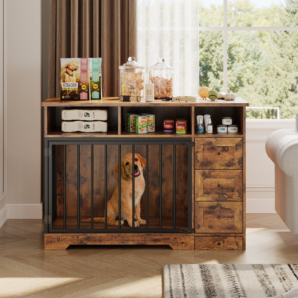 Garvee 48" Dog Crate Furniture with Bowls, Heavy Duty Dog Kennel End Table with 3 Storage Drawers, Locking Door, Farmhouse Style Pet Crate Cabinet for Medium Small Dogs, Retro Brown