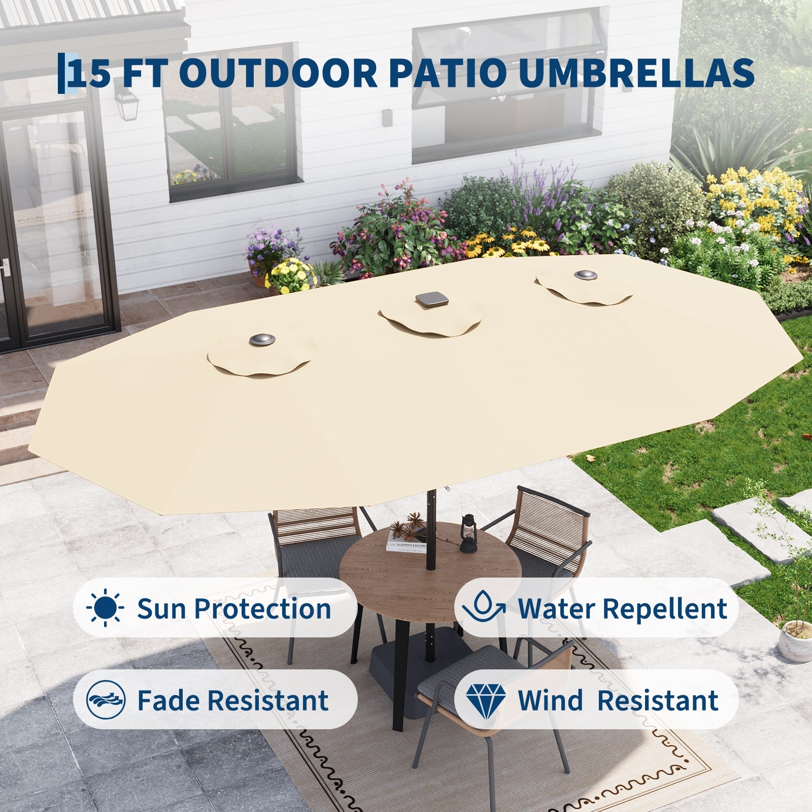 Garvee 15' Rectangular Patio Umbrella with Solar LED Lights & Base, Crank Handle UV-Resistant Outdoor Market Umbrella for Backyard, Pool & Patio, Tan