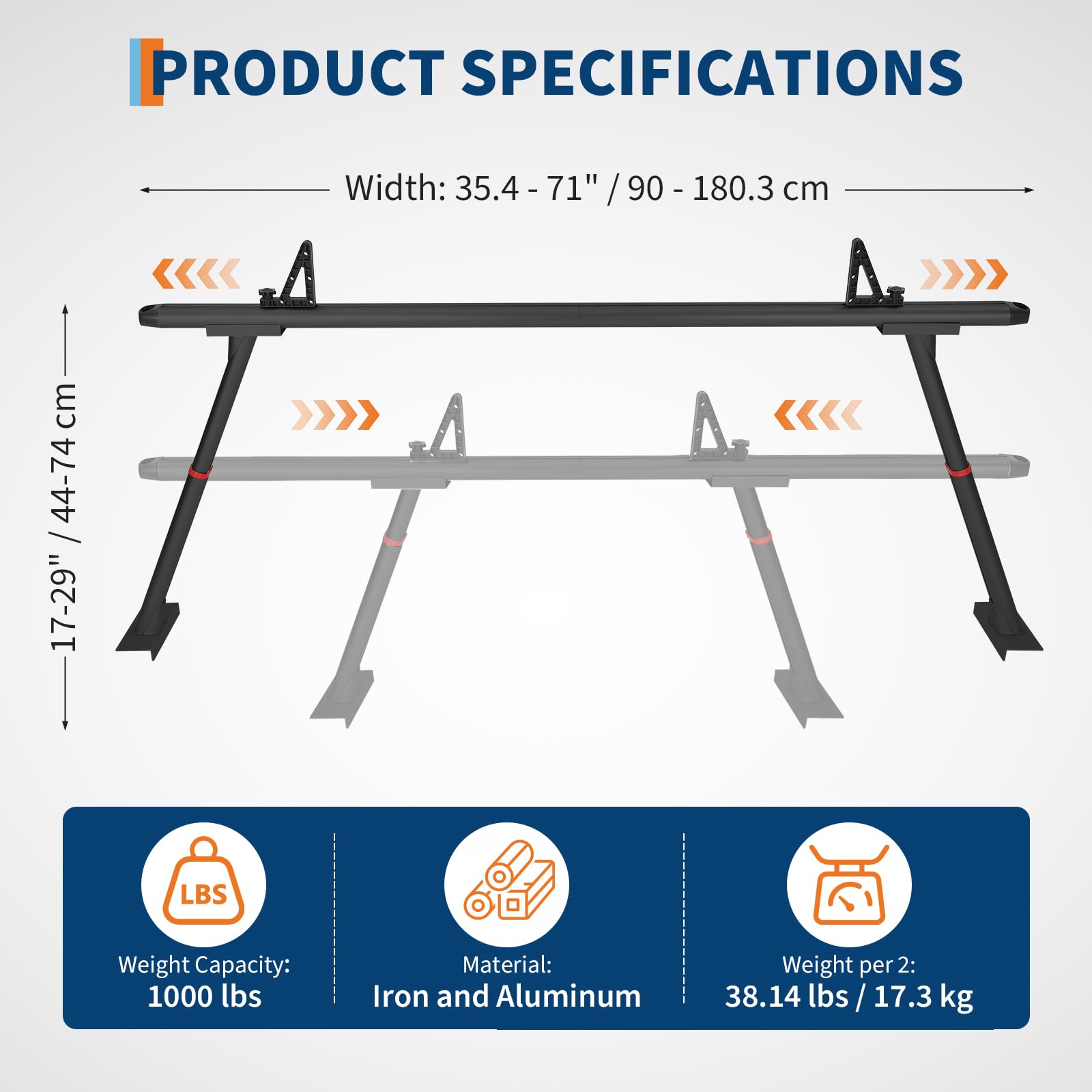 Garvee Adjustable Aluminum Truck Rack 35.4–71", 800 lbs Capacity Two-Bar Ladder Rack with 8 No-Drill C-Clamps, Heavy-Duty Pickup Bed Support for Kayak, Surfboard, Lumber & Ladders - Black