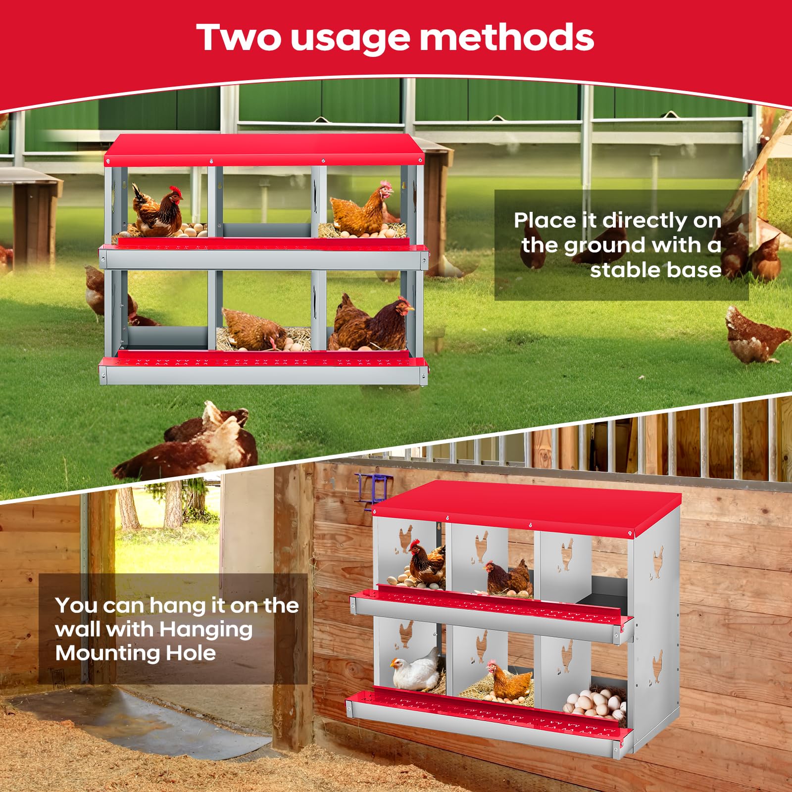 Garvee Chicken Nesting Box, 3 Room Galvanized Steel Laying Boxes, Metal Nesting Boxes for Hens with 10 Pads & 4 Fake Eggs, Easy Egg Collection, Vented Holes Poultry Nest for Chicken Coop, Red