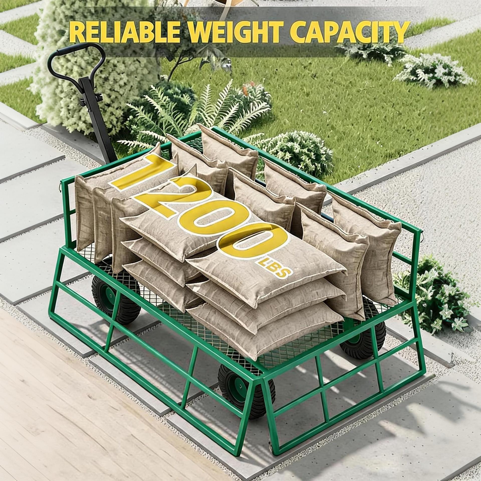 Garvee Steel Garden Cart, 1200 lbs Capacity Utility Wagon with 13-Inch Wheels, Removable Mesh Sides and 2-in-1 Pull Handle for Yard and Lawn Work, Green