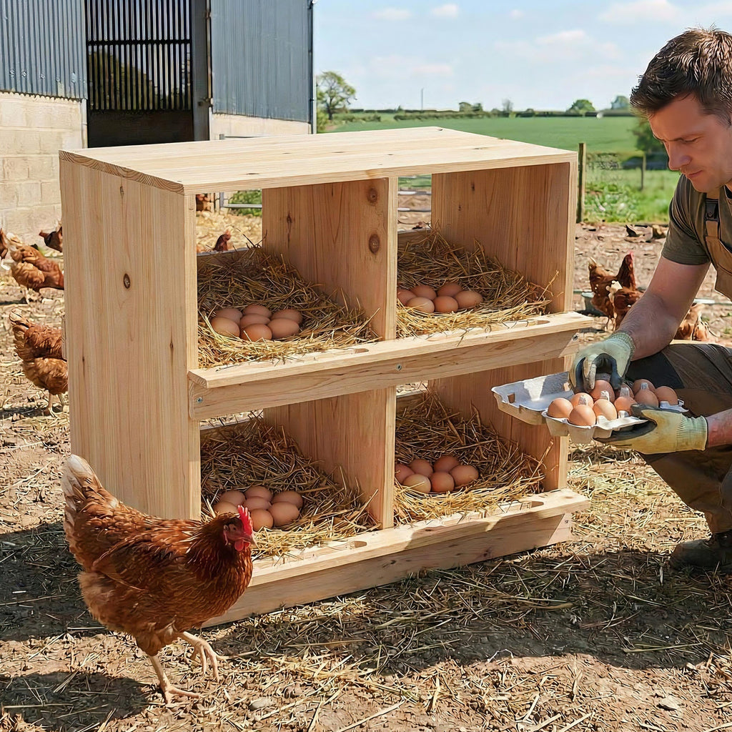 Garvee Double Deck Wooden Chicken Nesting Box – Four Compartments, Roll-Away Egg Collection, Insulated Sunproof, Wall-Mounted or Floor-Standing, Perch, Ideal for Poultry Coops and Farms, 4-Compartment Double Layer